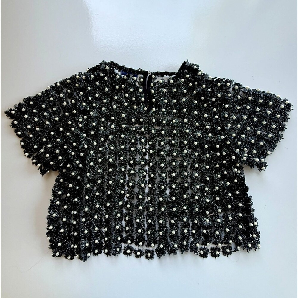 She + Sky Pearl Embellished 3D Floral Open-Weave Mesh Women’s Top Large Romantic - Picture 7 of 10
